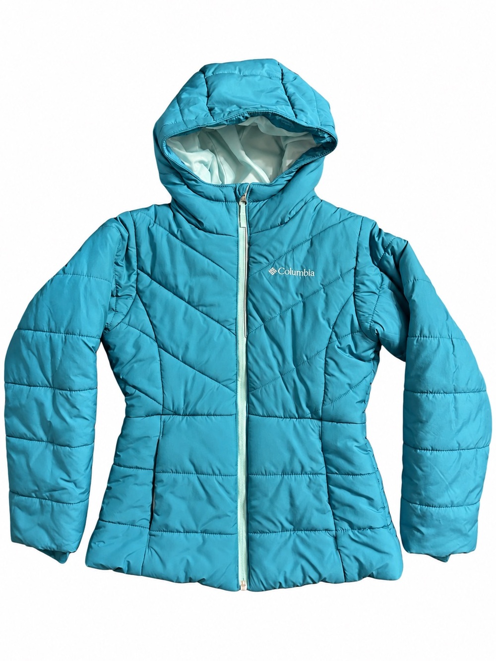 COLUMBIA Katelyn Crest Girls Teal Hooded Puffer Jacket Size S 7/8